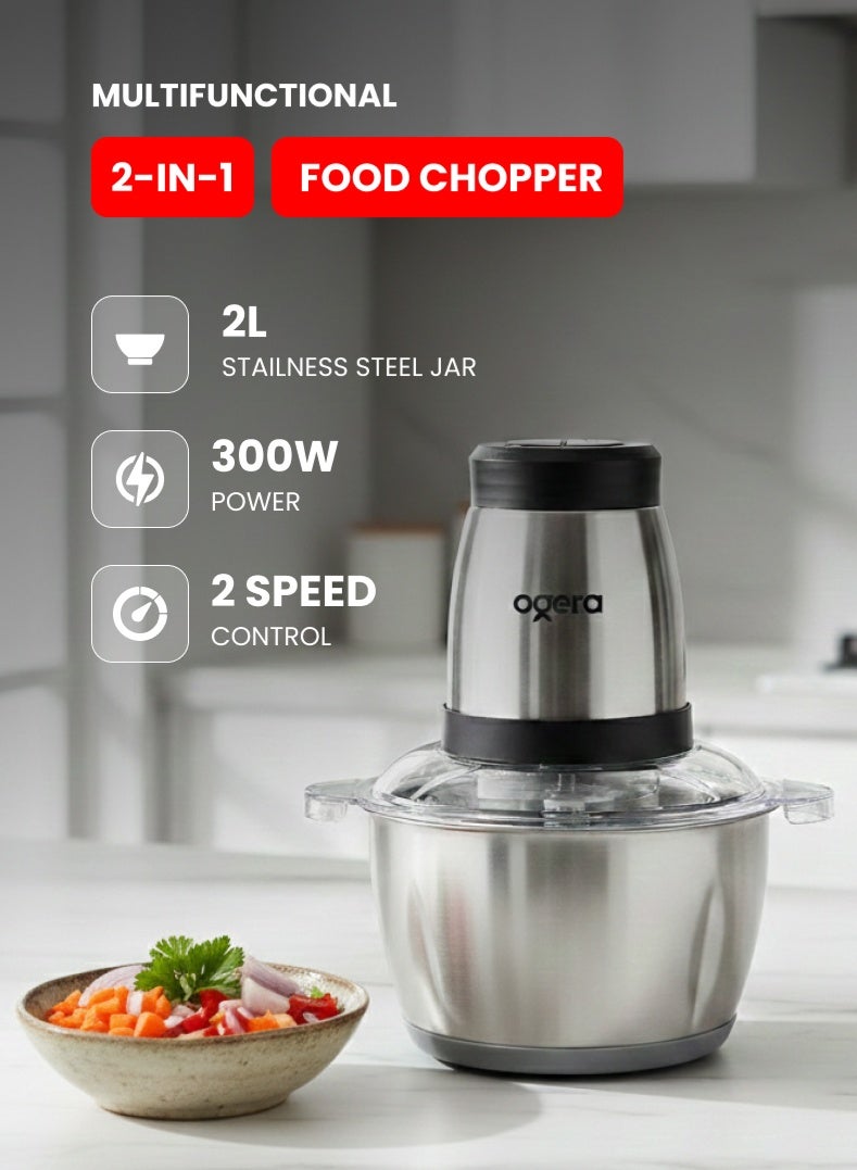 أوجيرا فرامة ومفرمة طعام كهربائية | وعاء ستانلس ستيل XXL سعة 2.0 لتر | تحكم بسرعتين | نظام 4 شفرات من الستانلس ستيل | محرك قوي 300 واط | تشغيل بلمسة واحدة | قاعدة مانعة للانزلاق | تصميم أنيق مدمج فضي/أسود | سهلة التنظيف | OG4000FC - Image 1